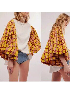 Free People Cotton Top XS Oversized Yellow Floral Plaid Statement Sleeves Tunic